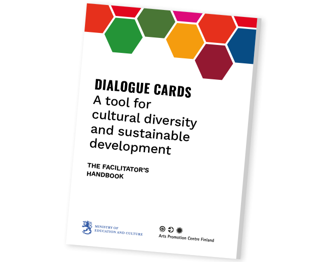 The handbook for the Dialogue Cards. The cover has an illustration with colourful hexagonal shapes reminiscent of the Dialogue Cards in a honeycomb formation. The title is &quot;Dialogue Cards - A tool for cultural diversity and sustainable development. The facilitator&#039;s handbook.&quot;