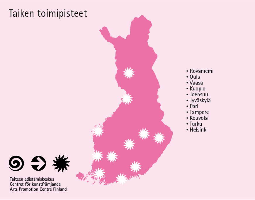 Taiken toimipisteet sijoitettuna Suomen kartalle.