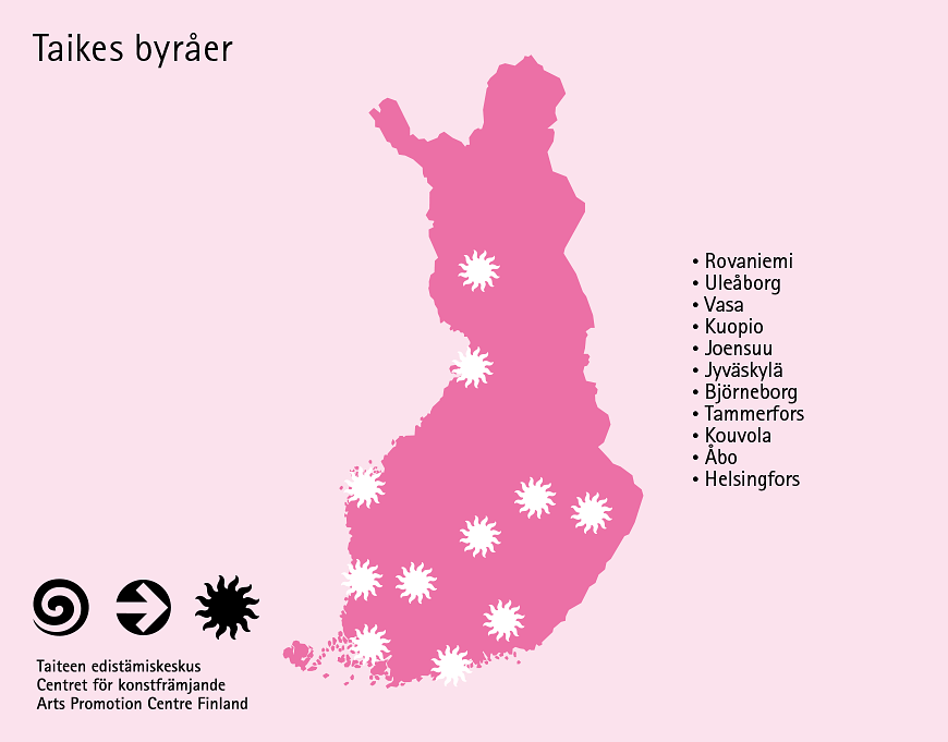 En karta över Finland med Taikes byråer.