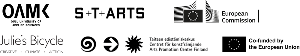 Webinar organizer logos: OAMK, S+T+ARTS, European Comission,  Julie's Bicycle,Arts Promotion Centre Taike, Co-Founded by the European Union