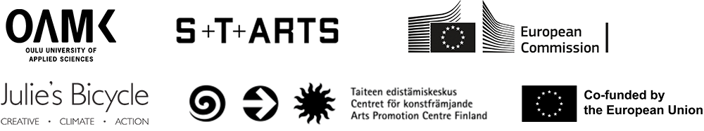 Webinar organizer logos: OAMK, S+T+ARTS, European Comission, Julie's Bicycle,Arts Promotion Centre Taike, Co-Founded by the European Union