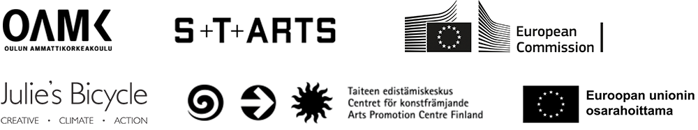 Webinaarin järjestäjien logot: OAMK, S+T+ARTS, European Comission, Julie's Bicycle, Taiteen edistämiskeskus, Euroopan unionin osarahoittama