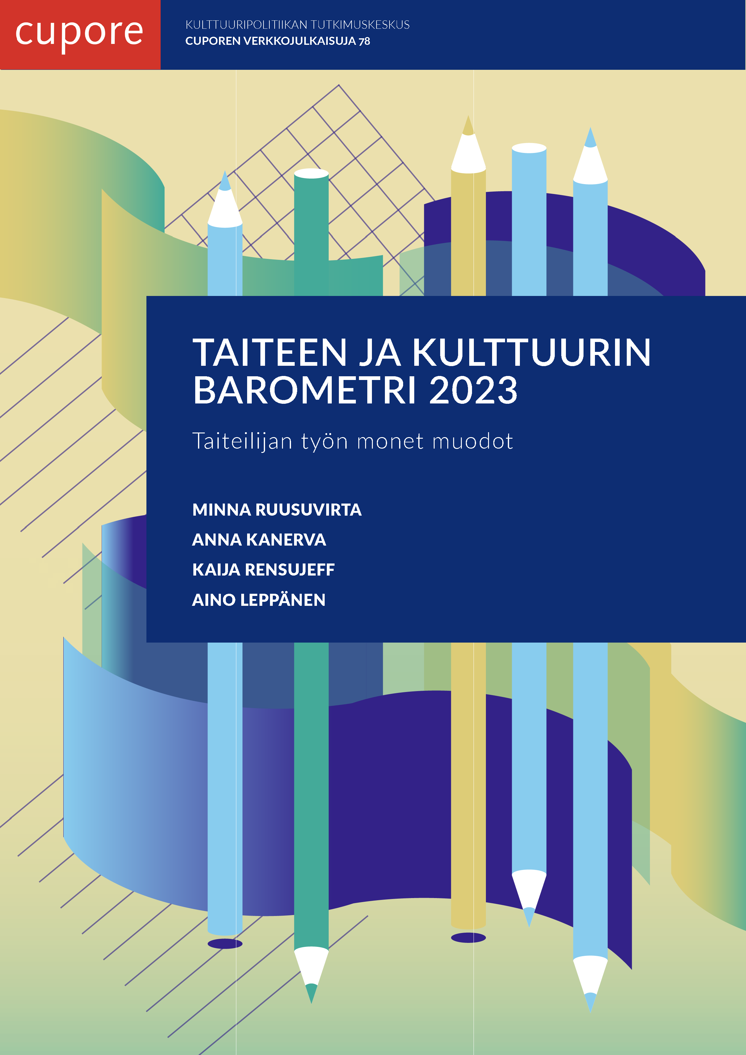 Taiteen ja kulttuurin barometrin 2023 kansi. Piirroskuva, jossa lyijykynät muodostavat pylväskaaviomaisen rivistön. Taustalla ruudukkoa ja aaltoilevia muotoja.