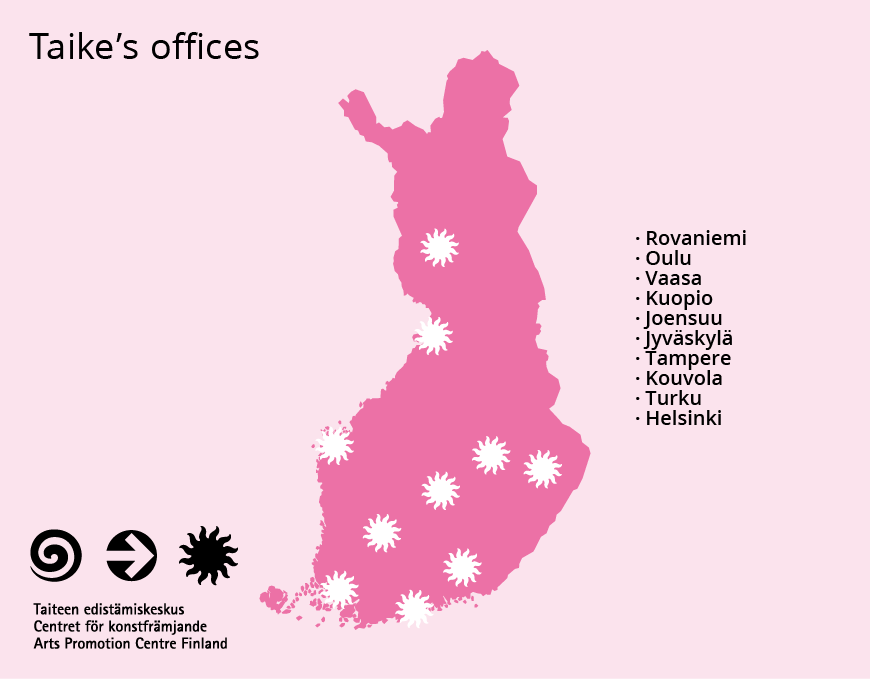 On a light pink background, a two-dimensional map of Finland with a white star marked above each city where there is an Arts Promotion Centre Finland (Taike) office.