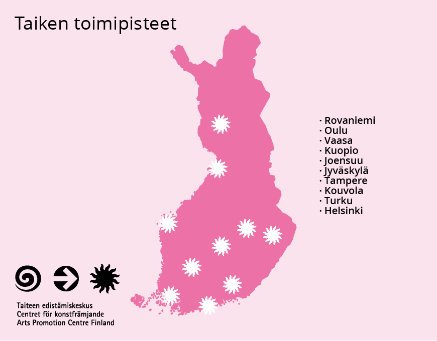 Vaaleanpunaisella pohjalla kaksiuloitteinen Suomen kartta, jossa tähti jokaisen Taiken toimipisteen omaavan kaupungin päällä. 