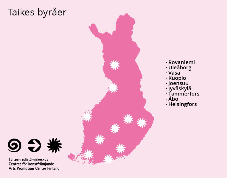 På en ljusrosa bakgrund finns en tvådimensionell karta över Finland med en vit stjärna markerad ovanför varje stad där det finns en kontor för Konstfrämjandets central Finland (Taike).