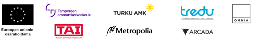 Logot: Euroopan unionin osarahoittama, Tamk, Tredu, Turku AMK, Turun ammatti-instituutti, Arcada, Metropolia ja Omnia.