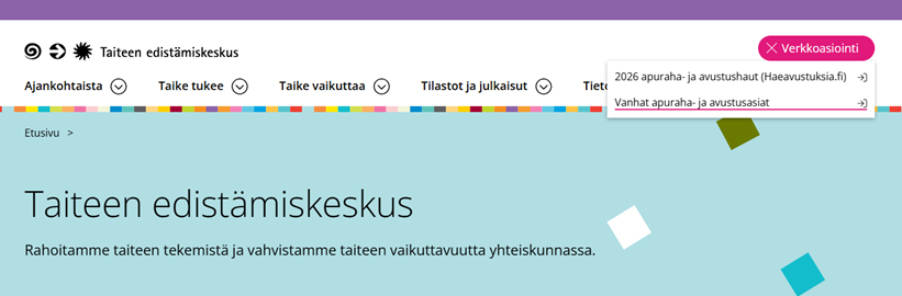 Kuvakaappaus Taike.fi:n etusivun yläosasta.