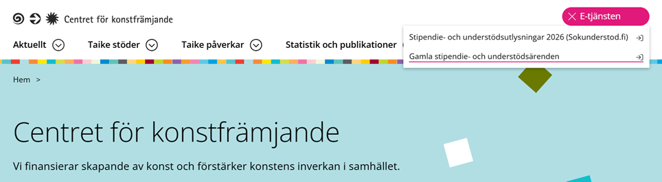 Kuvakaappaus Taike.fi:n etusivun yläosasta.
