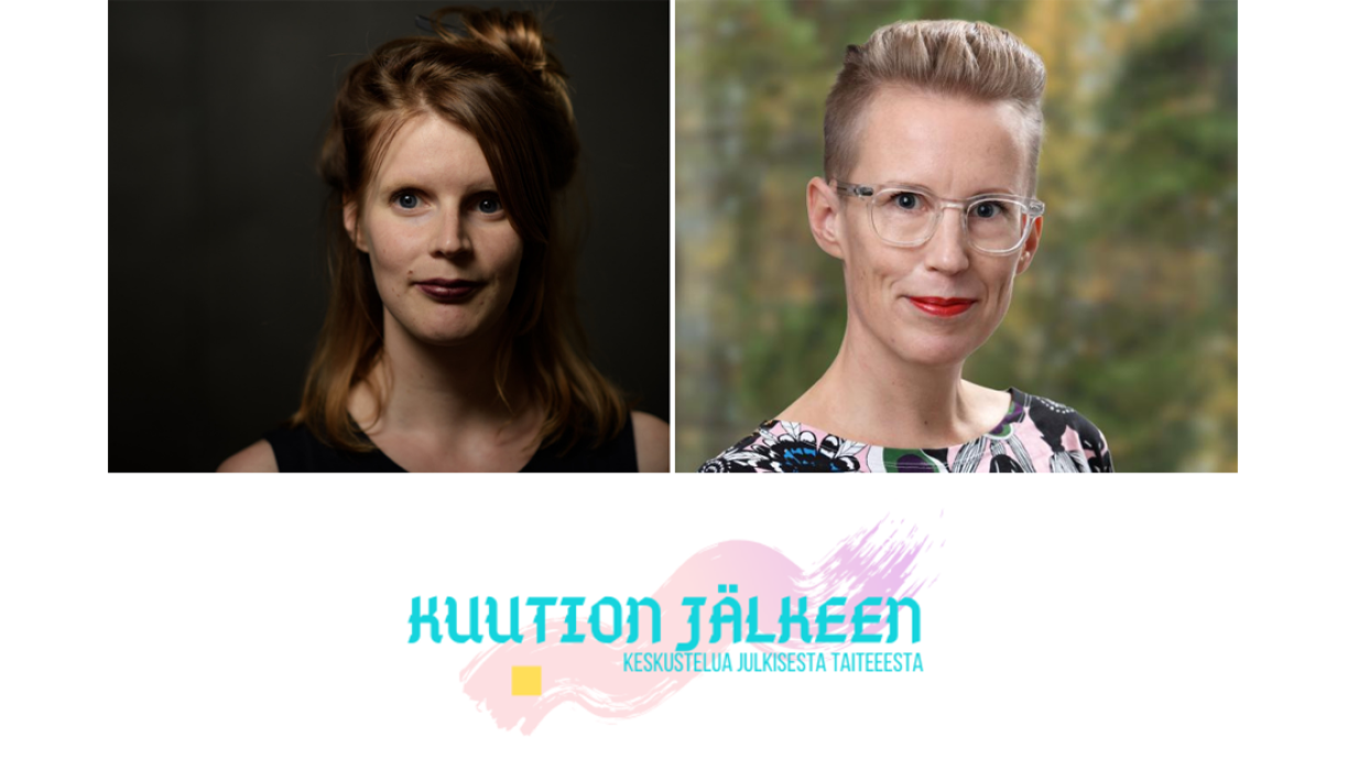 Maija Kasvinen ja Johanna Ruotsalainen poseeraavat. Alla podcastin logo, jossa nimi ja vaalea pensselin jälki.