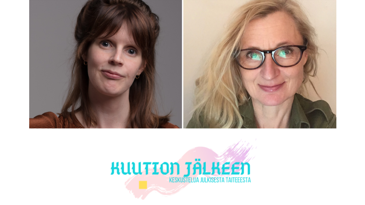 Maija Kasvinen ja Anna-Kaisa Rastenberger poseeraavat. Alla podcastin logo, jossa nimi ja vaalea pensselin jälki.