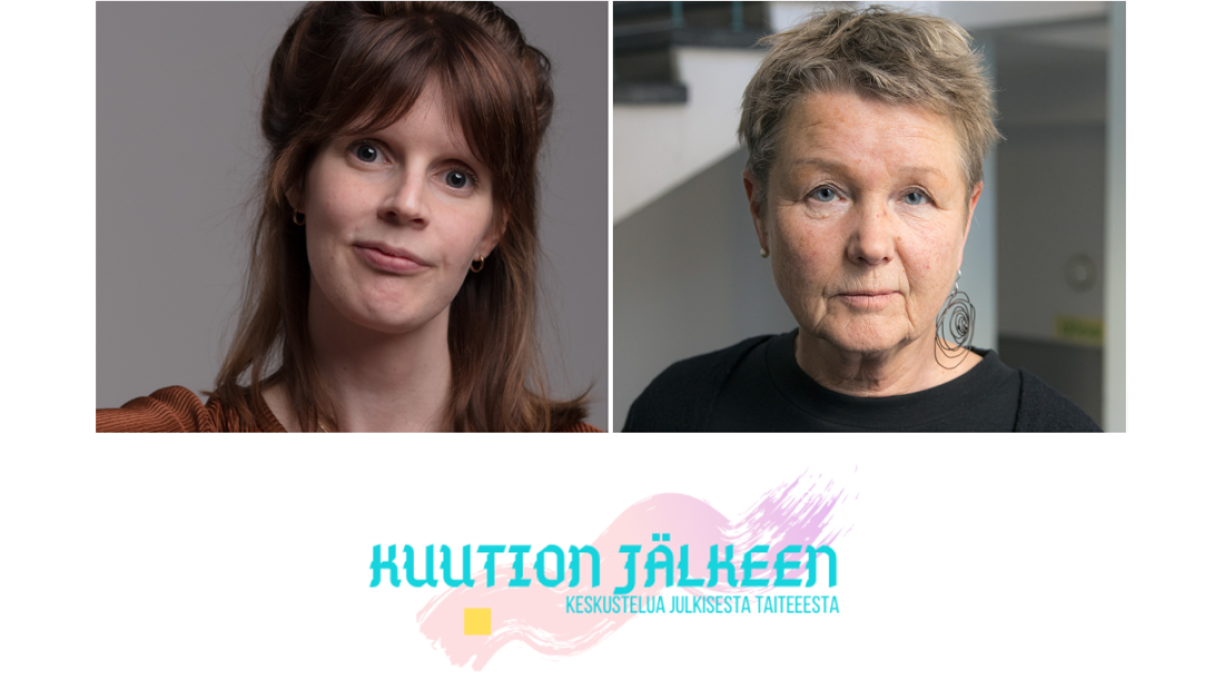 Maija Kasvinen ja Leena Kuumola poseeraavat. Alla podcastin logo, jossa nimi ja vaalea pensselin jälki.