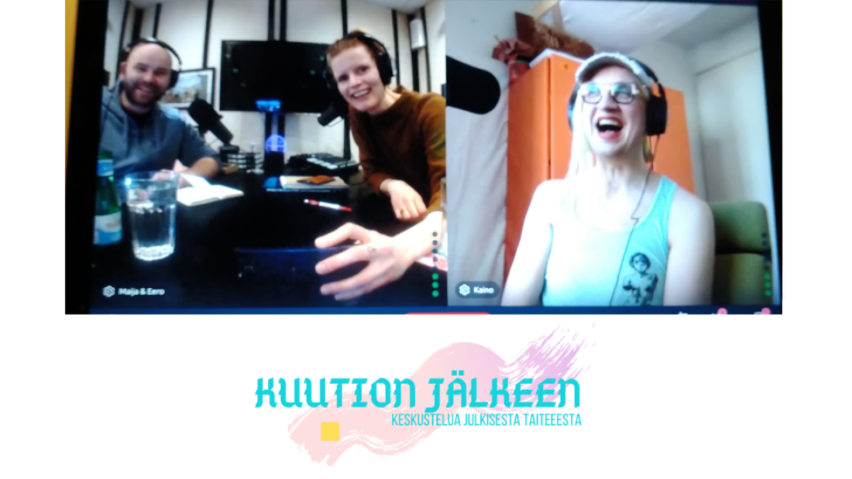 Maija Kasvinen, Eero Yli-Vakkuri ja Kaino Wennerstrand videopuhelussa. Alla podcastin logo, jossa nimi ja vaalea pensselin jälki.