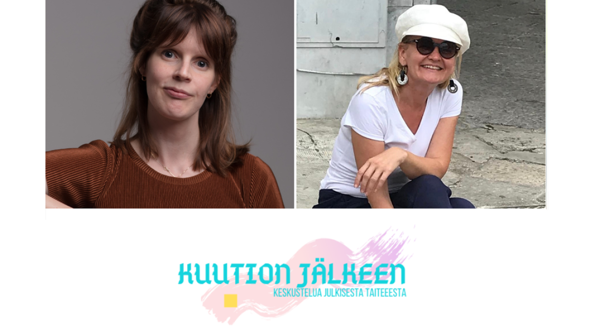 Maija Kasvinen ja Anita Seppä poseeraavat. Alla podcastin logo, jossa nimi ja vaalea pensselin jälki.