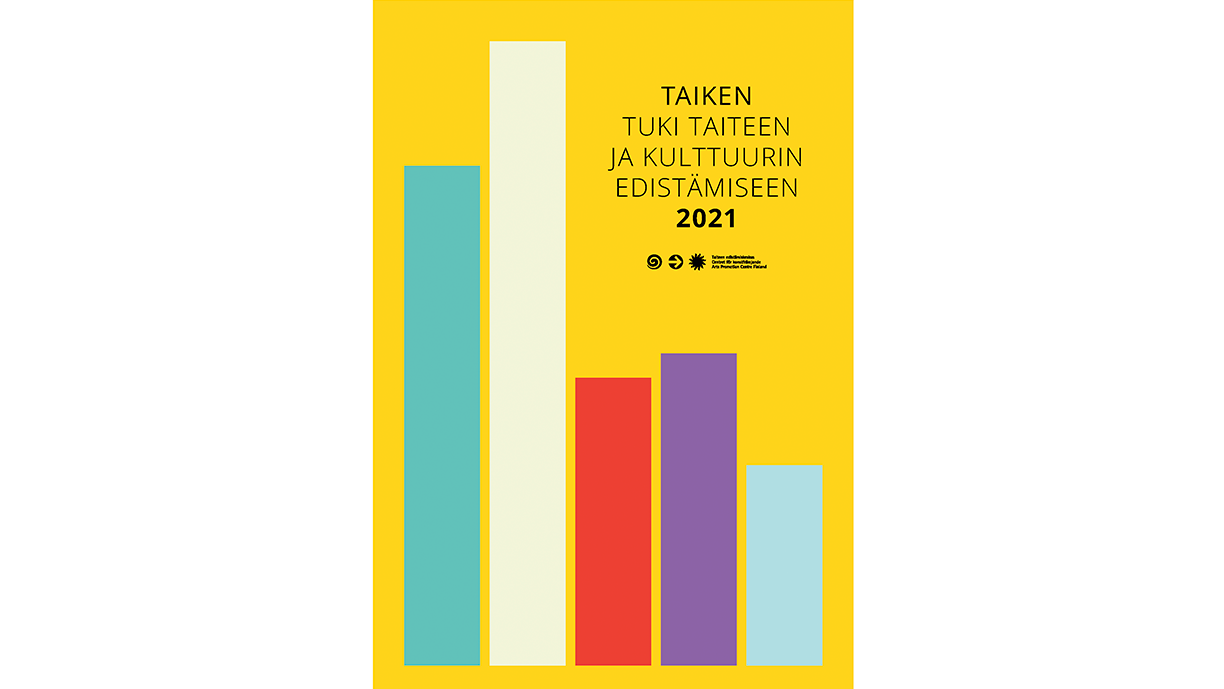 Vuoden 2021 vuositilaston kansi. Pylväsdiagrammimaisia palkkeja keltaisella taustalla.