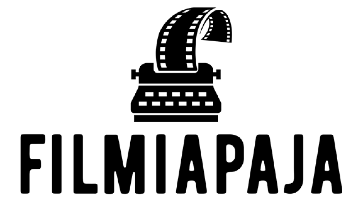 Filmiapajan logo. Kirjoituskone, jossa paperin tilalla filmiä.