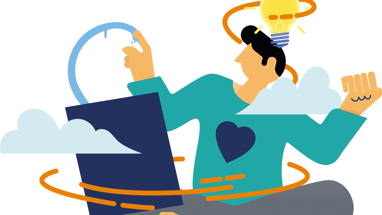 Piirretty henkilö luo käsillään taidetta.