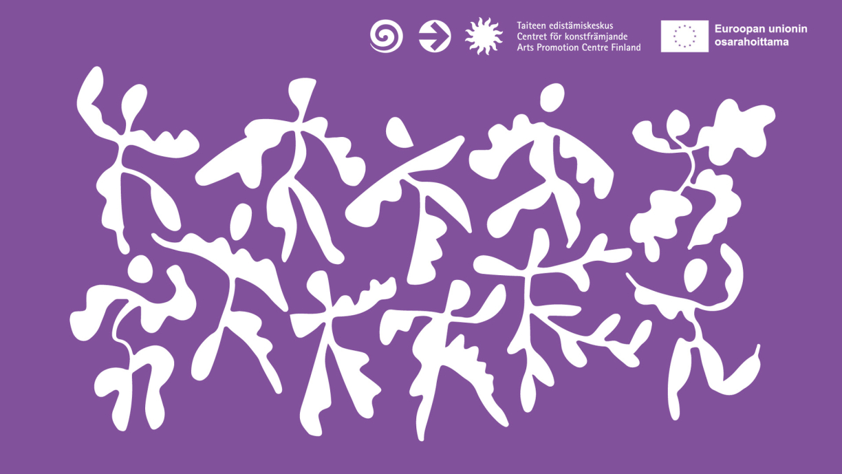 Graafisia hahmoja violetilla taustalla. Teksti: Luova verkko, Taiteen edistämiskeskus, Euroopan unionin osarahoittama.