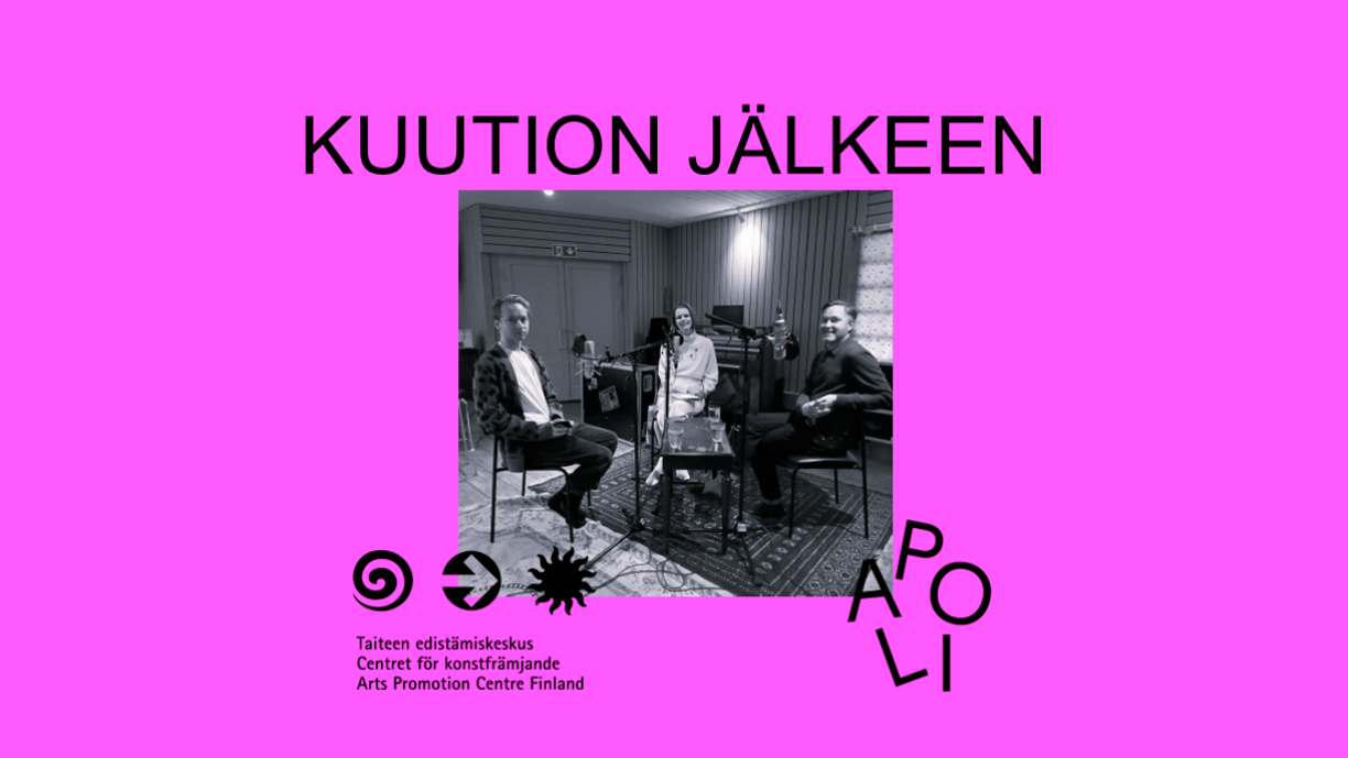 Aniliininpunaisella taustalla kuva keskustelijoista studiossa, teksti "Kuution jälkeen" sekä Taiken ja Apolin logot.