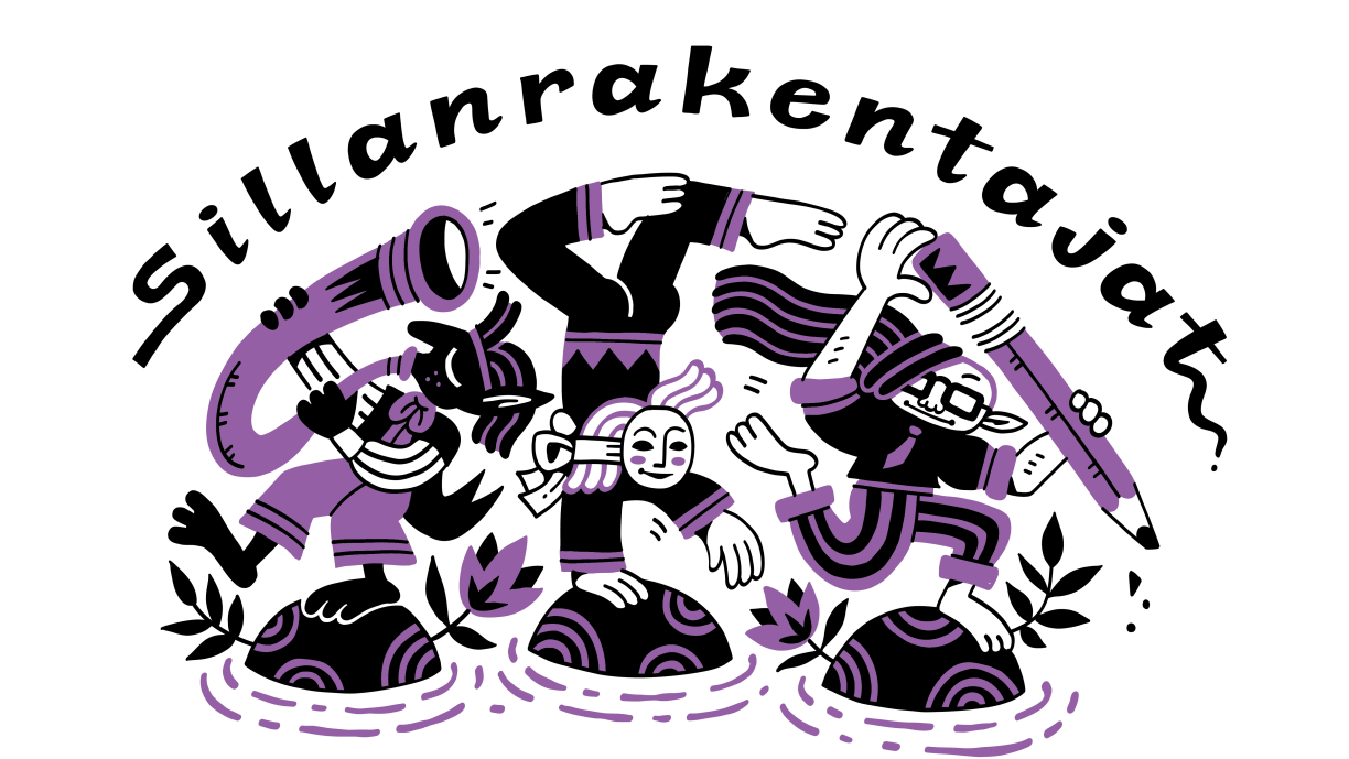 Hankkeen nimi, jonka alla kolme graafista eri taidelajia edustavia hahmoja. Hahmot edustavat tanssia, musiikkia ja maalaustaidetta. Kuvan värit ovat musta, valkoinen ja violetti.