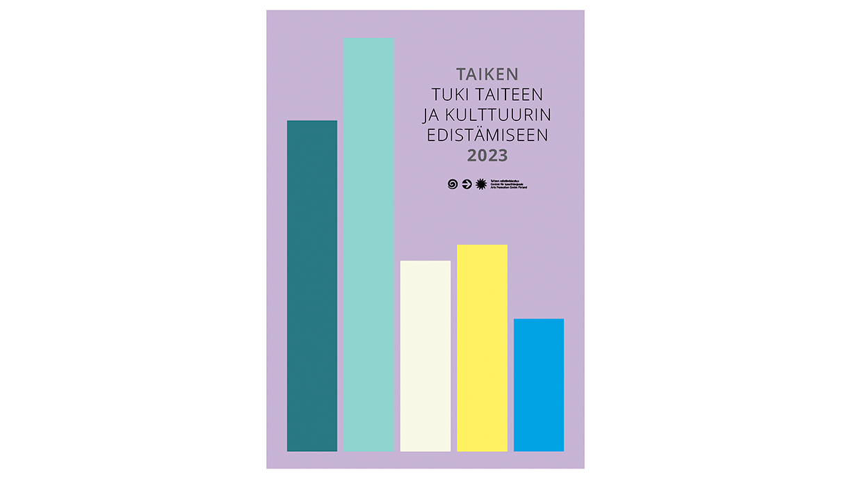 Julkaisun kansikuva. Pylväskaaviomaiset palkit ja otsikko: "Taiken tuki taiteen ja kulttuurin edistämiseen 2023".