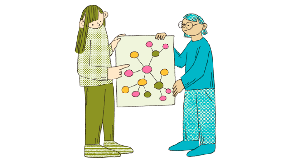 Kaksi piirroshahmoa tutkii vuokaaviota.