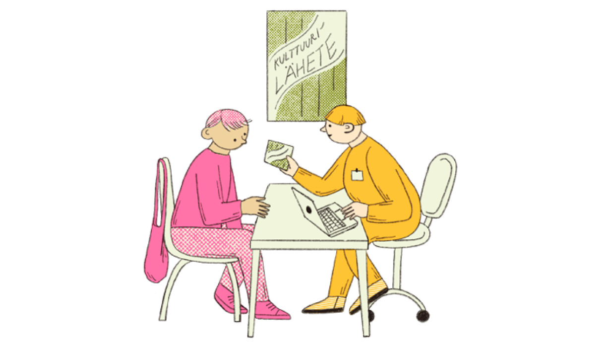 Piirroskuva, jossa kaksi henkilöä istuu pöydän eri puolilla. Toinen ojentaa toiselle korttia, jossa lukee "Kulttuurilähete".