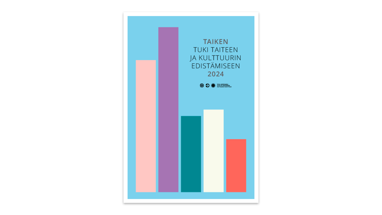 Julkaisun kansi. Pylväskaaviomaiset palkit ja teksti &quot;Taiken tuki taiteen ja kulttuurin edistämiseen 2024&quot;
