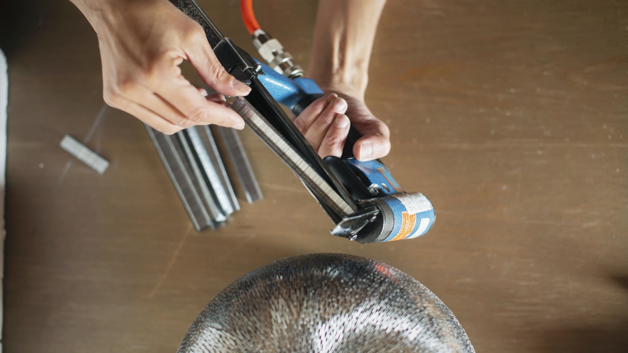 Taiteilijan käsissä on niittipyssy, jolla tekee metallinväristä niittiteosta