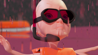 Animoitu hahmo, jolla on uimalasit ja snorkkeli.