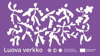 Hahmoja violetilla taustalla. Teksti: Luova verkko, Taiteen edistämiskeskus, Euroopan unionin osarahoittama.