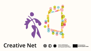 Graphic character looks at a circle formed by coloured balls. Text: Creative Net, Arts Promotion Centre Finland, co-financed by the European Union