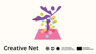 Graphic character stands on one foot with hands in the air surrounded by coloured balls. Text: Creative Net, Arts Promotion Centre Finland, co-financed by the European Union.