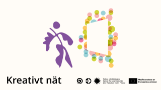 En tecknad figur tittar på en ram av färgglada bollar. Text: Kreativt nät, Centret för konstfrämjande, medfinansieras av Europeiska unionen.
