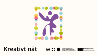 En tecknad figur står i en ram av färgglada bollar. Text: Kreativt nät, Centret för konstfrämjande, medfinansieras av Europeiska unionen.