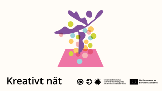 En tecknad figur står på ett ben med händerna i luften, omgiven av färgglada bollar. Text: Kreativt nät, Centret för konstfrämjande, medfinansieras av Europeiska unionen.