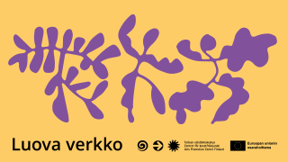 Kolme hahmoa vierekkäin keltaisella taustalla. Teksti: Luova verkko, Taiteen edistämiskeskus, Euroopan unionin osarahoittama.