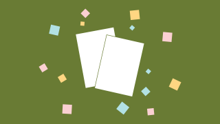 Papers on a green background, surrounded by confetti.