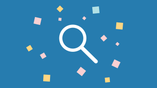A magnifying glass on a blue background, surrounded by confetti.