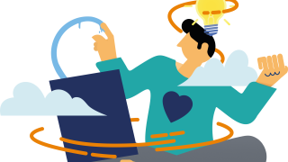 Piirretty henkilö luo käsillään taidetta.