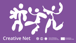 Three graphic characters on a purple background. Text: Creative Net, Arts Promotion Centre Finland, co-financed by the European Union.