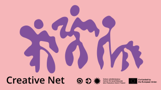 Three graphic characters on a pink background. Text: Creative Net, Arts Promotion Centre Finland, co-financed by the European Union.