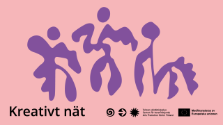 Tre tecknade figurer sida vid sida på en rosa bakgrund. Text: Kreativt nät, Centret för konstfrämjande, medfinansieras av Europeiska unionen.