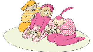 Piirretty kuva jossa kolme ihmistä nauraa yhdessä peliohjaimet käsissään.