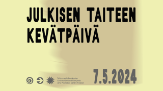Vaaleanvihreällä taustalla iso teksti &quot;Julkisen taiteen kevätpäivä&quot;, Taiken logo sekä päivämäärä 7.5.2024