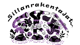 Hankkeen nimi, jonka alla kolme graafista eri taidelajia edustavia hahmoja. Hahmot edustavat tanssia, musiikkia ja maalaustaidetta. Kuvan värit ovat musta, valkoinen ja violetti.