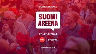 Taustalla punasävyinen kuva yleisöstä, jossa hymyileviä ihmisiä. Päällä teksti: &quot;Olemme mukana. Suomi Areena 25.-28.6.2024&quot; ja MTV3 ja Porin kaupungin logot, sekä SuomiAreenan verkko-osoite.