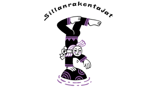 Mustalla ja violetilla piirretty hahmo seisoo yhdellä kädellä kiven päällä. Hahmon yläpuolella lukee teksti Sillanrakentajat