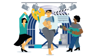 Kolme animoitua ihmishahmoa lavavalojen alla. Yksi hahmoista tanssii, yksi istuu tuolilla ohjaajana ja yksi soittaa kitaraa.