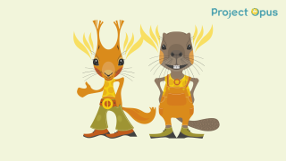 Kaksi sarjakuvamaista eläinhahmoa, orava ja majava, pukeutuneina värikkäisiin vaatteisiin. Ylänurkassa Project Opus -logo.
